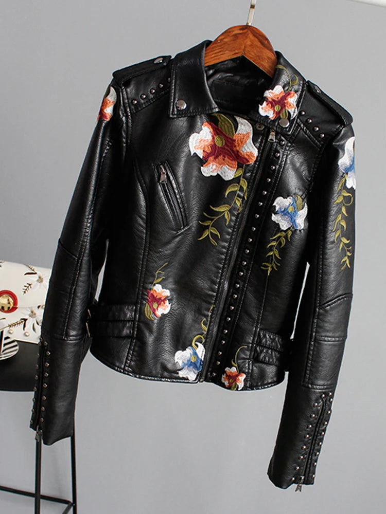 Ly Varey Lin Floral Print Embroidery Faux Soft Leather Jacket Women Pu Motorcycle Coat Female Zipper Rivet Outerwear-JC-1047