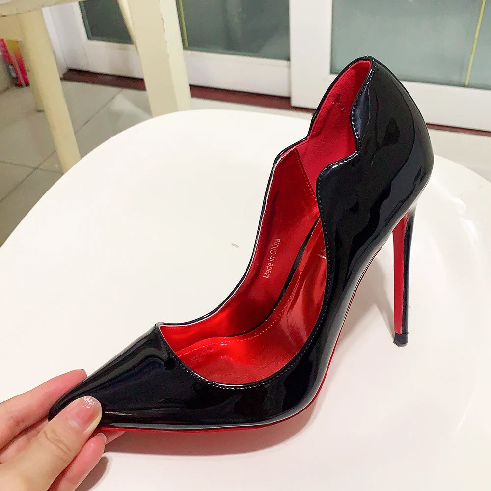 Women Elegant Pumps Heels Glossy V Pointed Curl Cut Celebrity-1003