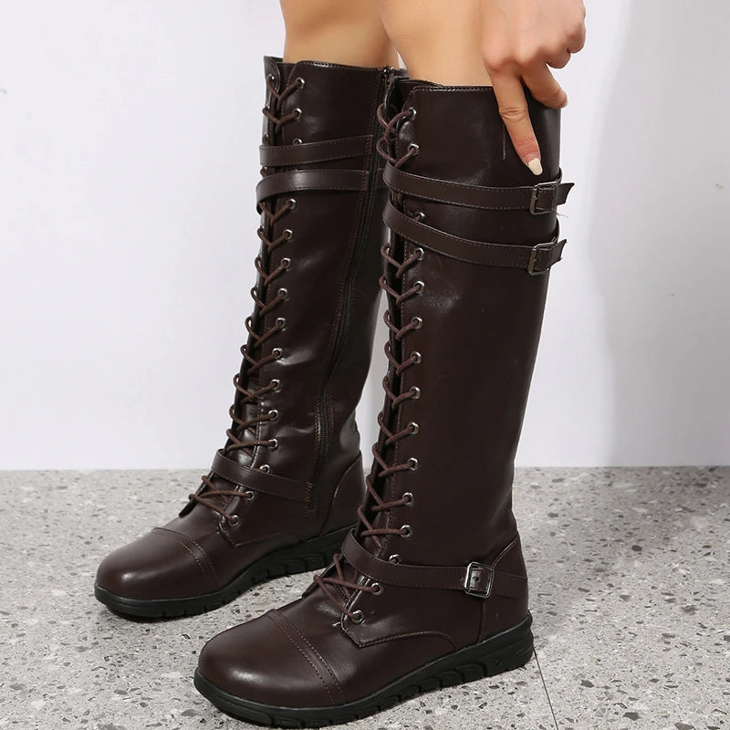 Boots for Women Combat Knee High Long Leather Platform Gothic Punk-SH-1159