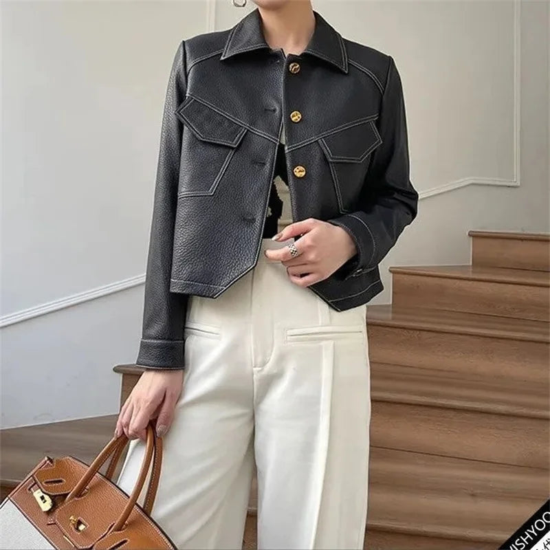 High-End Brown Women Bike Coat PU Leather Button Outfit Short Thin Female Jacket -JC-1022