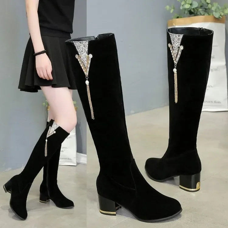 Women Long Boots Thick Boot Zipper Knight Boot- SH-1048