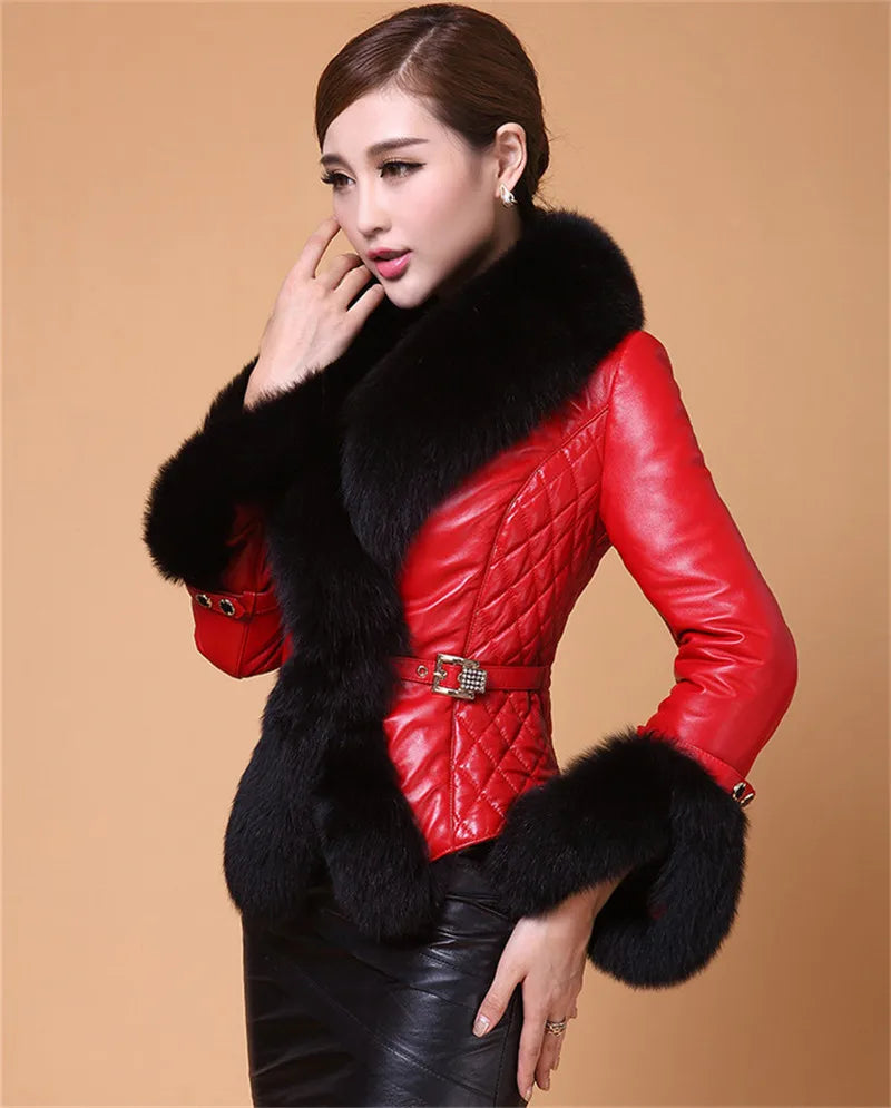 Leather Jacket Women Coat Faux Fox Fur Collar Short Coat PU Leather New Winter Female Jacket Elegant Motorcycle Zipper Outerwear-JC-1050