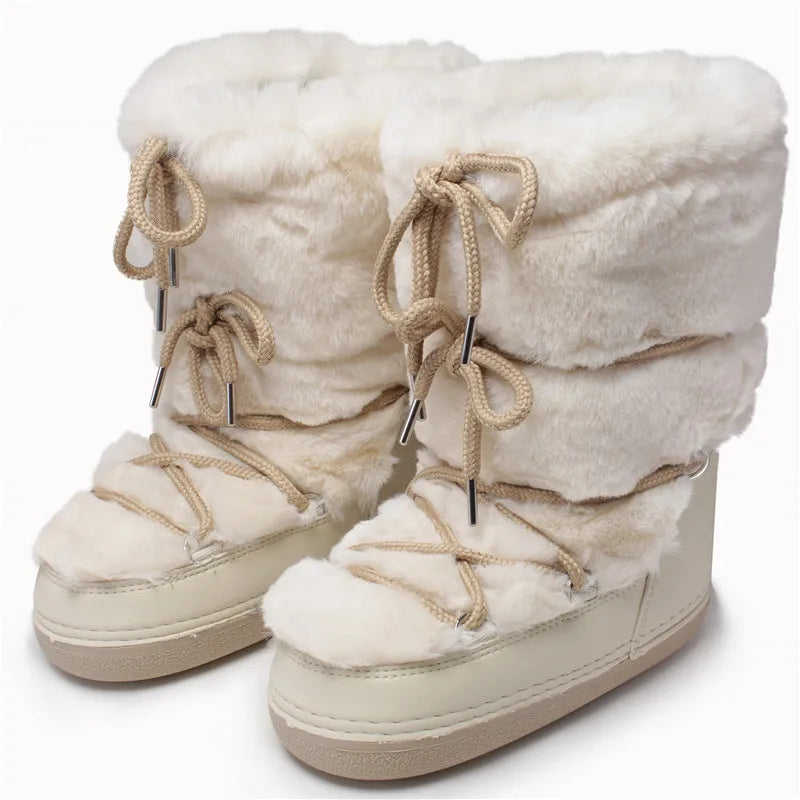 Winter Boots Women Ski Middle Calf Snow Boots Platform White Cotton Boots- SH-1045