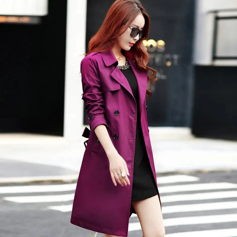 Purple Windbreaker Women's Mid-Length Trench Coat Slim Waist With Belt Outwear-JC-1062