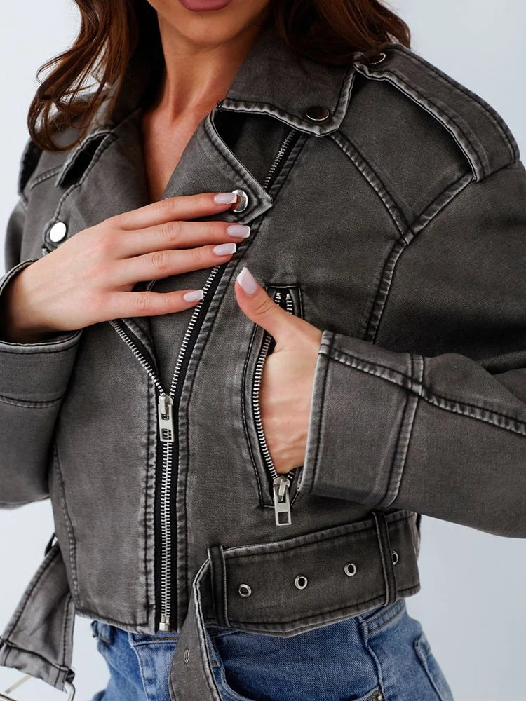 Vintage Women Streetwear Short Pu Faux Leather Jacket Zipper Belt Moto Biker Coat-JC-1063