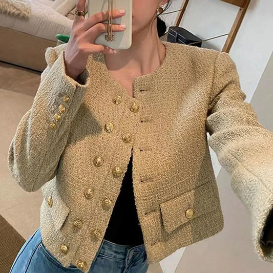 Lucyever Vintage Women's Tweed Jackets Elegant Double-Breasted with Pocket O-Neck Short Coat-JC-1028