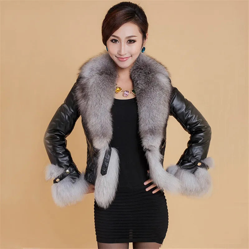 Leather Jacket Women Coat Faux Fox Fur Collar Short Coat PU Leather New Winter Female Jacket Elegant Motorcycle Zipper Outerwear-JC-1050