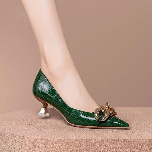 Pointed Toe Pumps Metal Chain Soft Leather Ladies- SH-1065