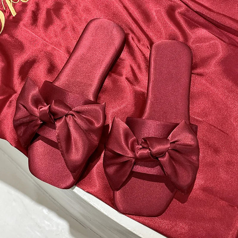 Women Home Satin Bridesmaid Wedding Slippers With Silk Big Bow-SH-1129