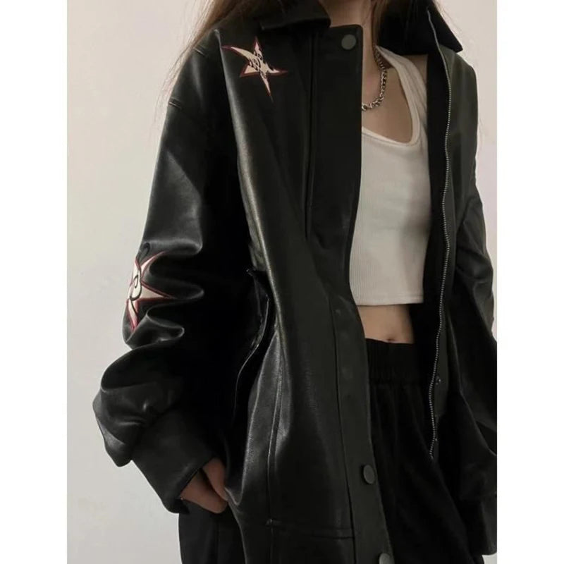 MEXZT Streetwear Pu Leather Jackets Women Oversized Embroidery Coat Vintage Turn Down Collar Loose Outwear  -JC-1039