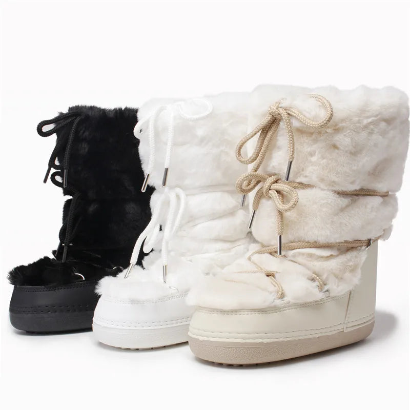 Winter Boots Women Ski Middle Calf Snow Boots Platform White Cotton Boots- SH-1045