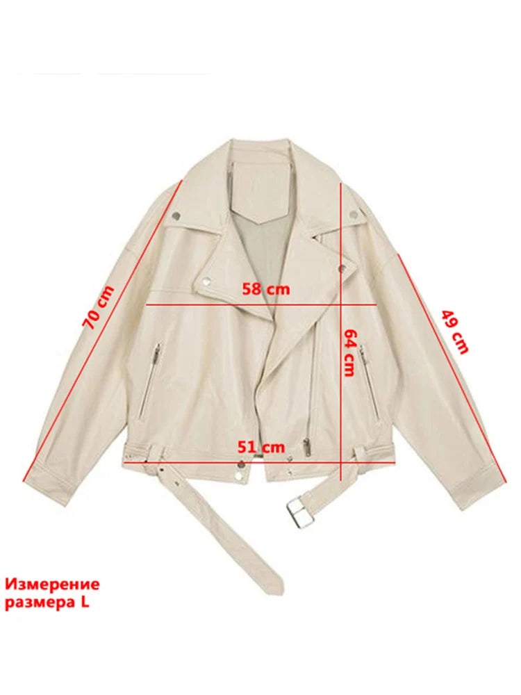 FTLZZ Women Pu Leather With Belt Solid Color Loose Casual  Motorcycle Jacket -JC-1034