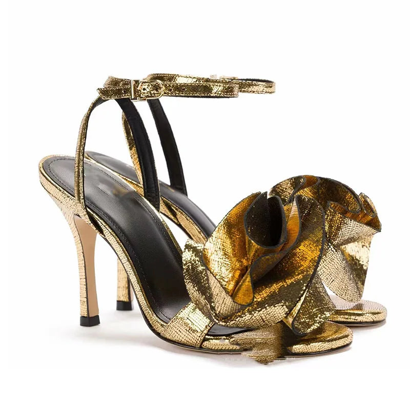 Gold Heels Metallic Effect Rose Flower Sandals Heels Ankle Women-1004