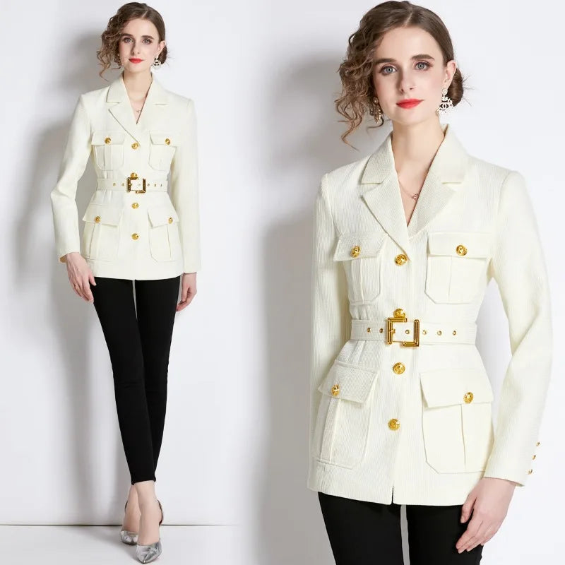 White Blazer Women Lapel Metal Button Pocket Design Suit Jacket Waist Thin with Belt Slim Top-JC-1059