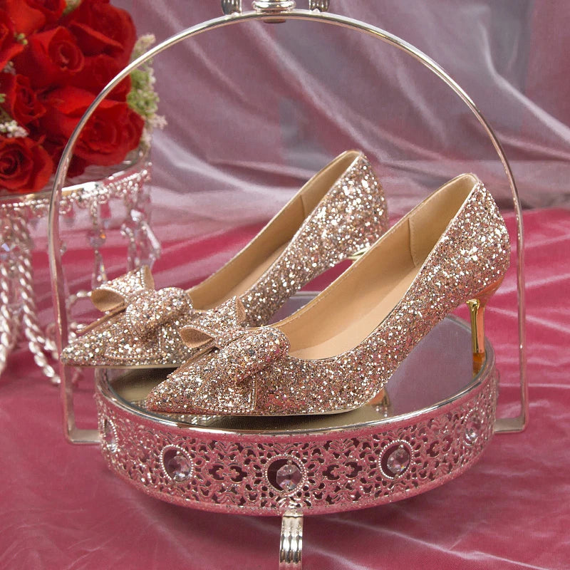 Shiny Glitter Pumps Women Slip-On Sweet Bowknot High Heels Shining Wedding-SH-1181