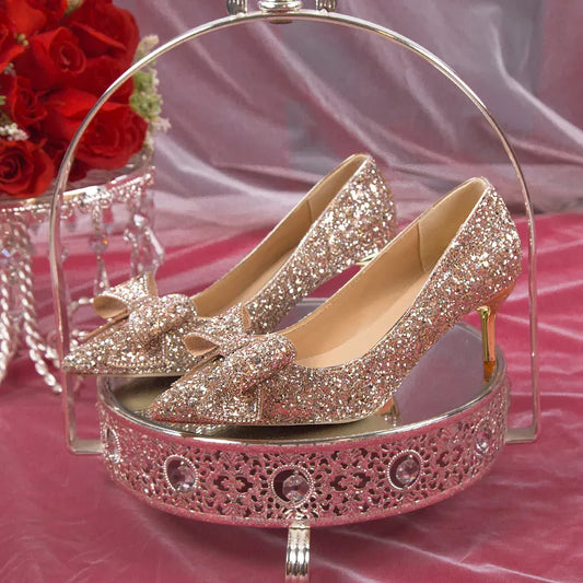 Rimocy Bling Shiny Glitter Pumps Women Heels Slip-On Sweet Bowknot Woman Wedding--SH-1181