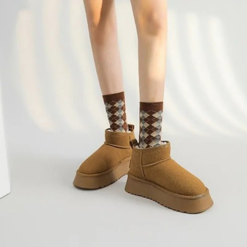 Women Short Plush Casual Ankle Boots Flats Platform Ladies Botas- SH-1040