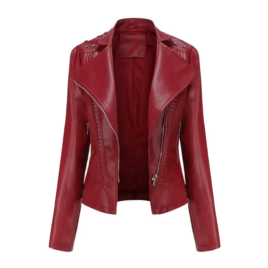 Women's Punk Rivet Leather Jacket Retro Turndown Collar Slim Faux Soft Leather Biker Outerwear -JC-1023