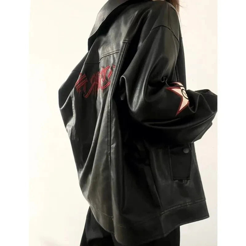 MEXZT Streetwear Pu Leather Jackets Women Oversized Embroidery Coat Vintage Turn Down Collar Loose Outwear  -JC-1039