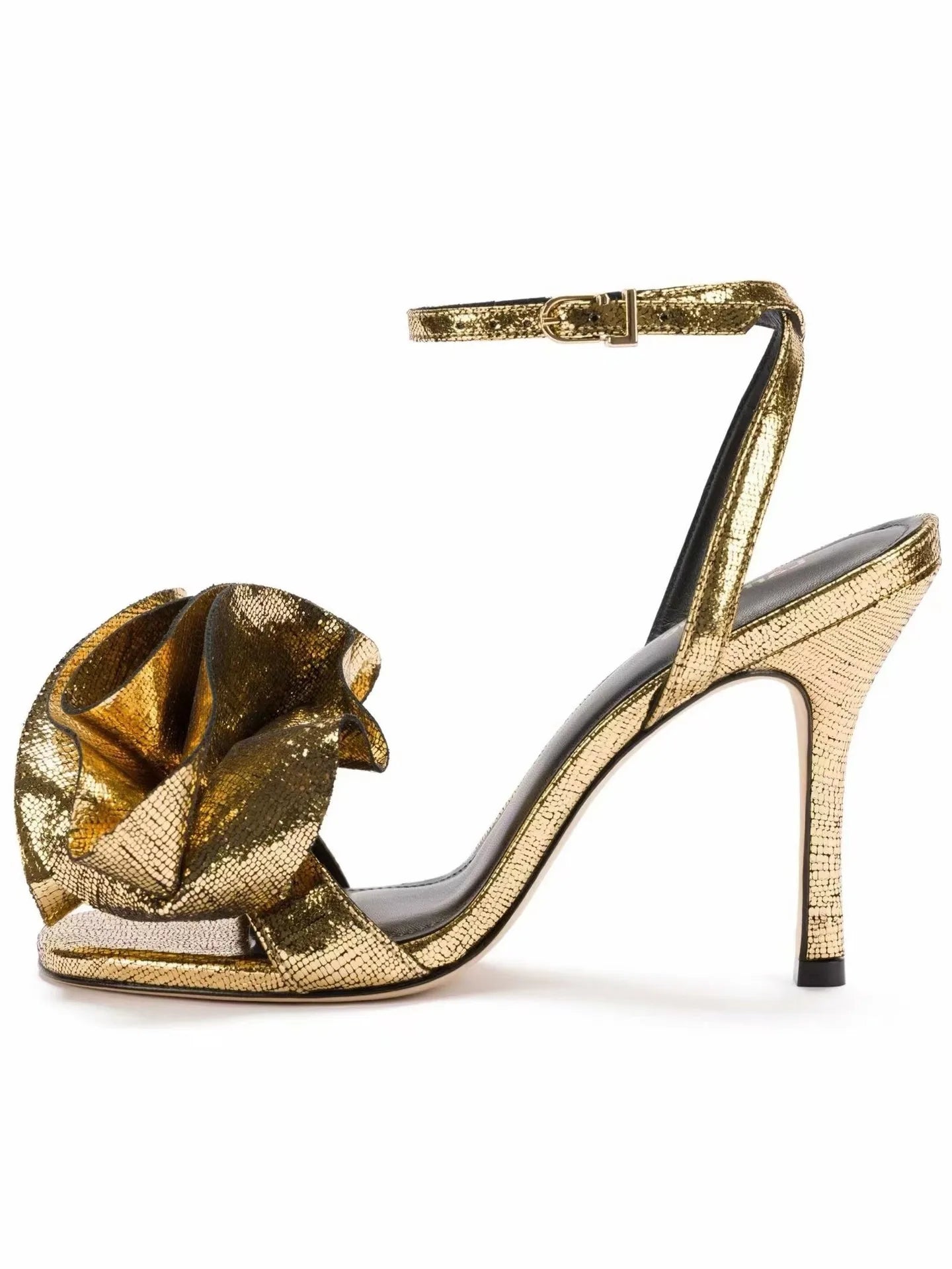 Gold Heels Metallic Effect Rose Flower Sandals Heels Ankle Women-1004