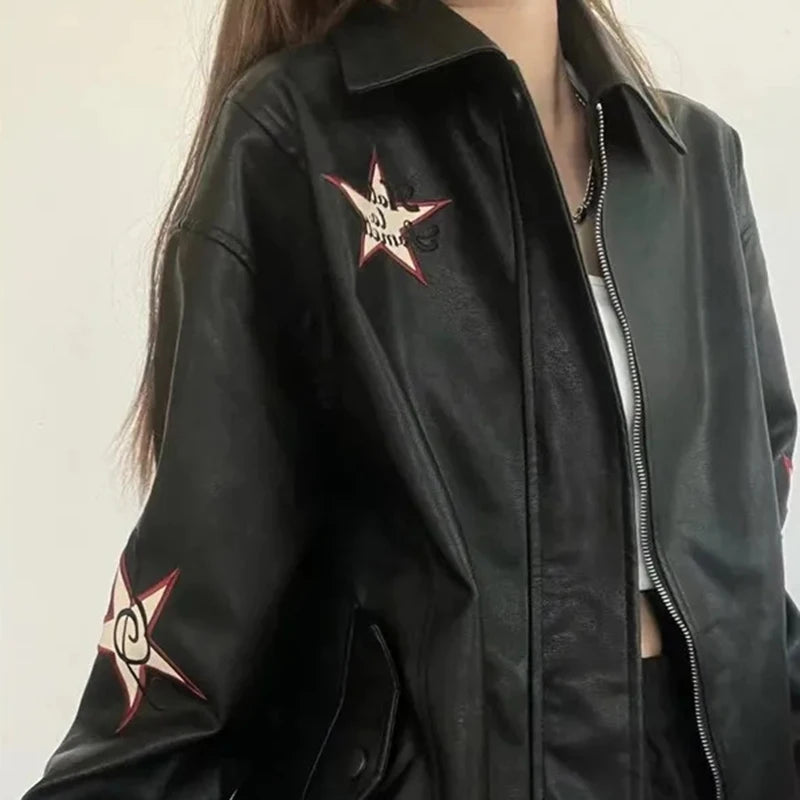 MEXZT Streetwear Pu Leather Jackets Women Oversized Embroidery Coat Vintage Turn Down Collar Loose Outwear  -JC-1039