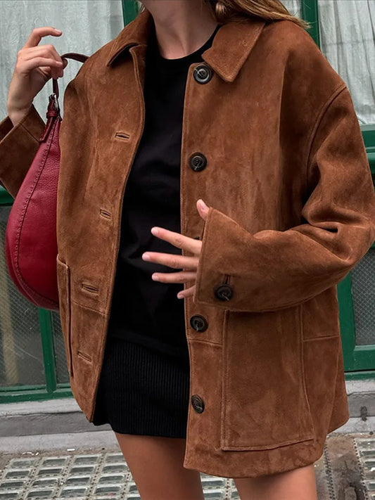 Vintage Brown Lapel With Pocket Jacket Women Fashion Long Sleeves Single Breasted Coat-JC-1052