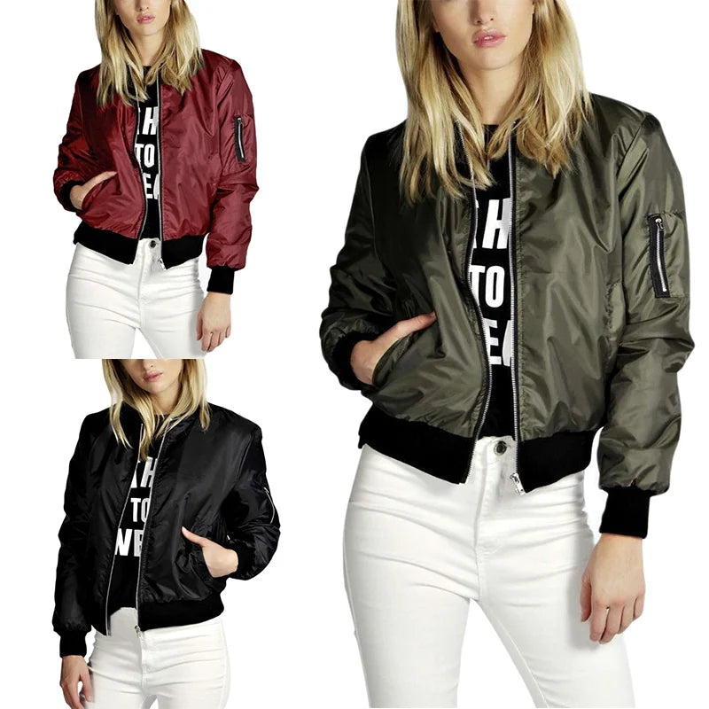 Women Jackets Tops Basic Bomber Coat Casual Slim Fit Outerwear-JC-1045