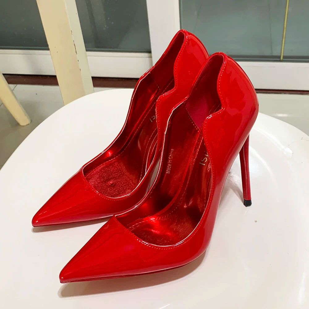 Women Elegant Pumps Heels Glossy V Pointed Curl Cut Celebrity-1003