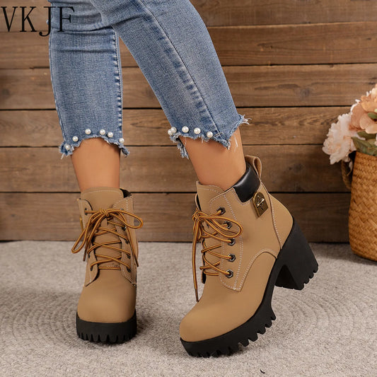 Winter Women Boots Lace-up Ladies Square Solid Color Outdoors-SH-1110