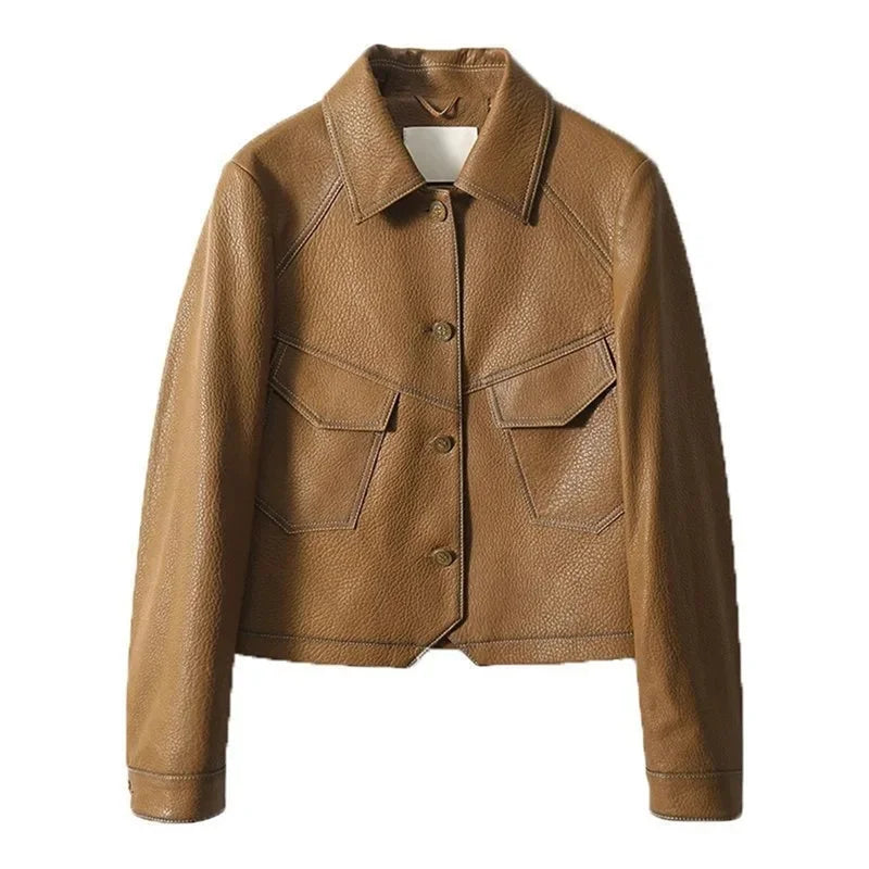 High-End Brown Women Bike Coat PU Leather Button Outfit Short Thin Female Jacket -JC-1022