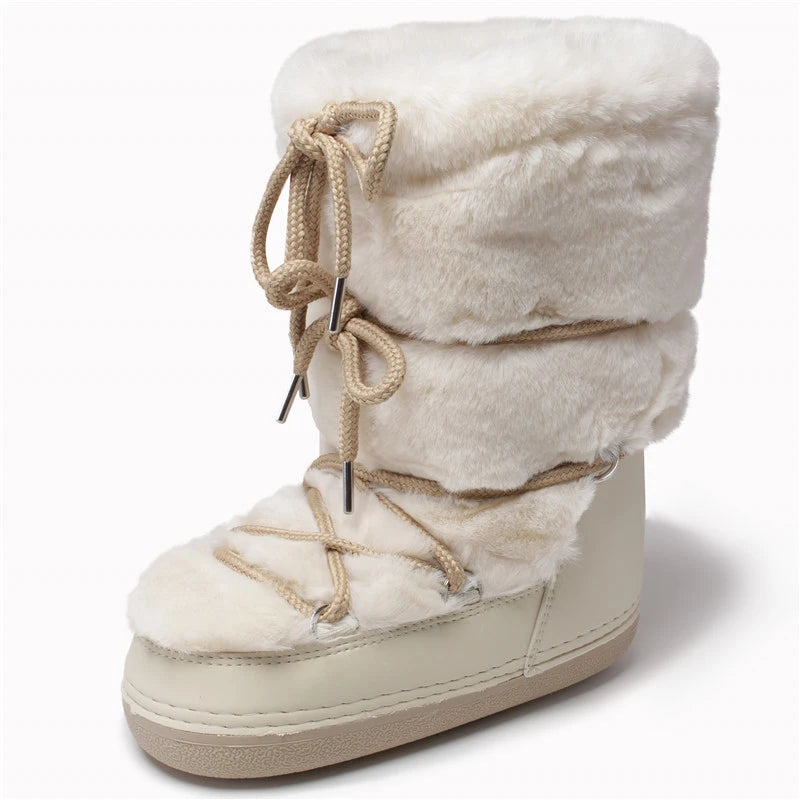 Winter Boots Women Ski Middle Calf Snow Boots Platform White Cotton Boots- SH-1045