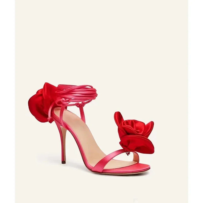 Women's Round Toe Slender Silk Rose Sandals-SH-1089-1